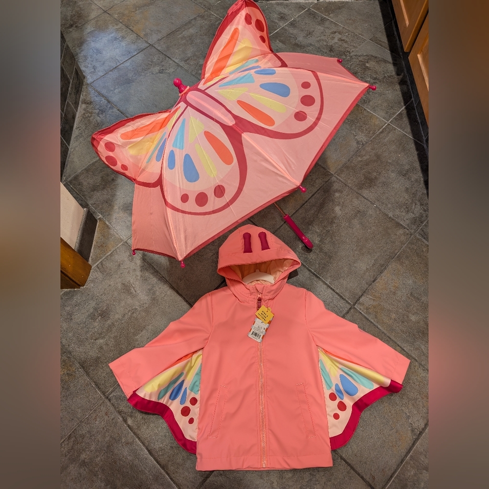 NWT Toddler Girls Butterfly Raincoat 2T with Matching Butterfly Umbrella